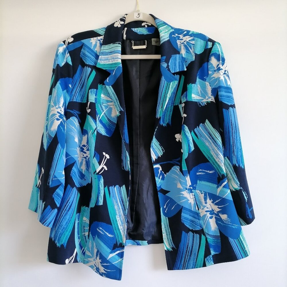 TanJay Womens Blue Floral 3/4 Sleeve Lined Open Front Cropped Jacket Size 16P